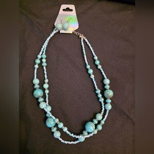 Turquoise and silver-tone beaded necklace and matching earrings